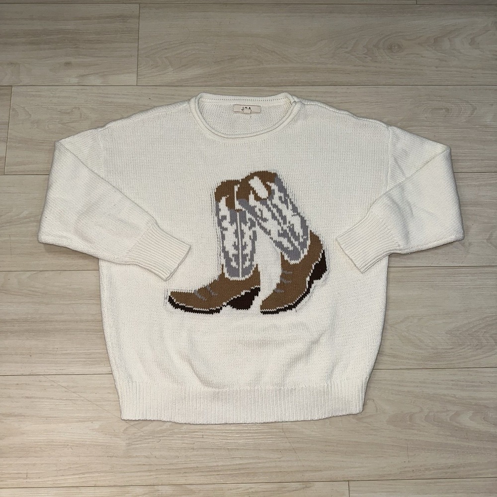 Boho Cowgirl Boots Knit Sweatshirt Size Small Women's White Cozy J.O.A Western - Picture 1 of 9